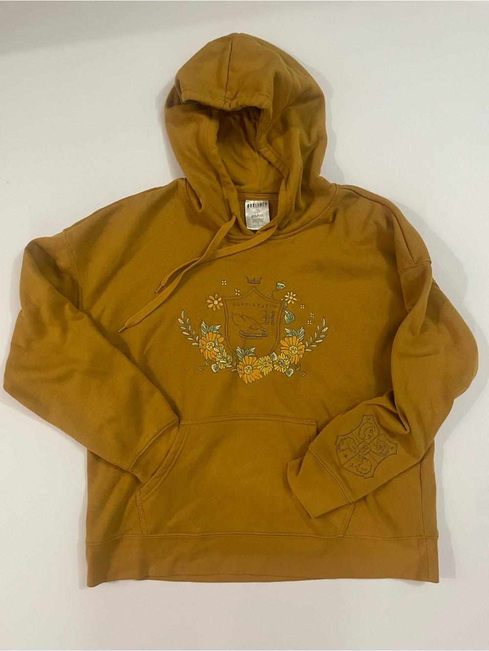 BoxLunch Harry Potter Floral Hufflepuff Crest Hoodie Mustard L